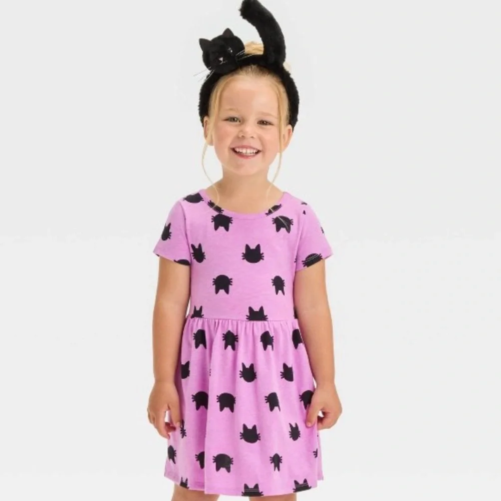 Cat & Jack Girls purple cat print short sleeve dress